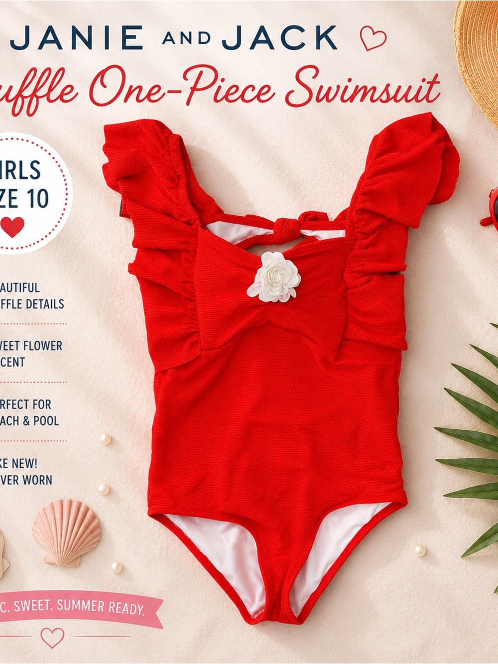 Janie and Jack Red Ruffle One-Piece Swimsuit | Girls Size 10